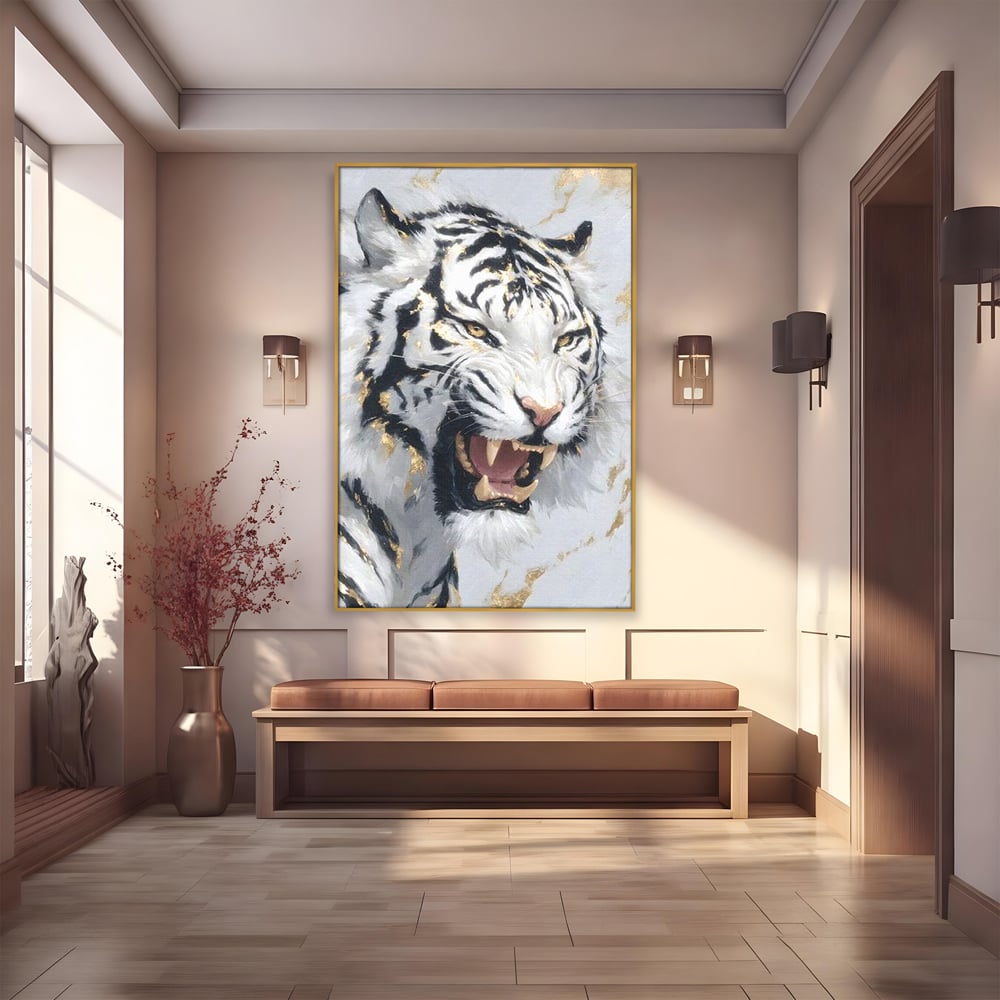 Tablou canvas cu tablou canvas cu tigru alb si auriu, in rama de aluminiu auriu